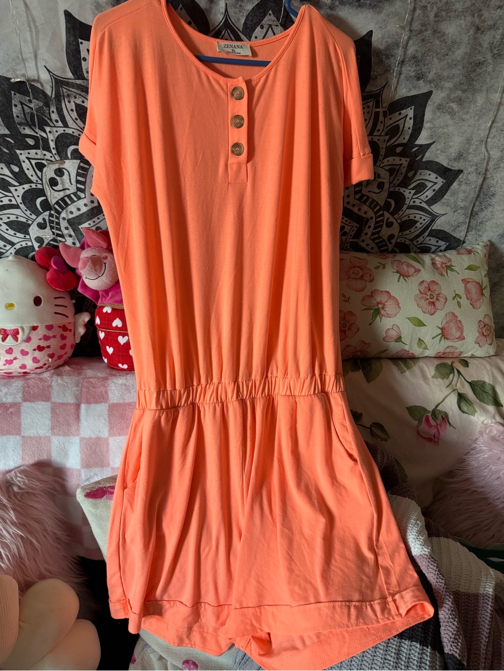 Zenana Outfitters Coral Orange Short Sleeve Romper with Button Placket